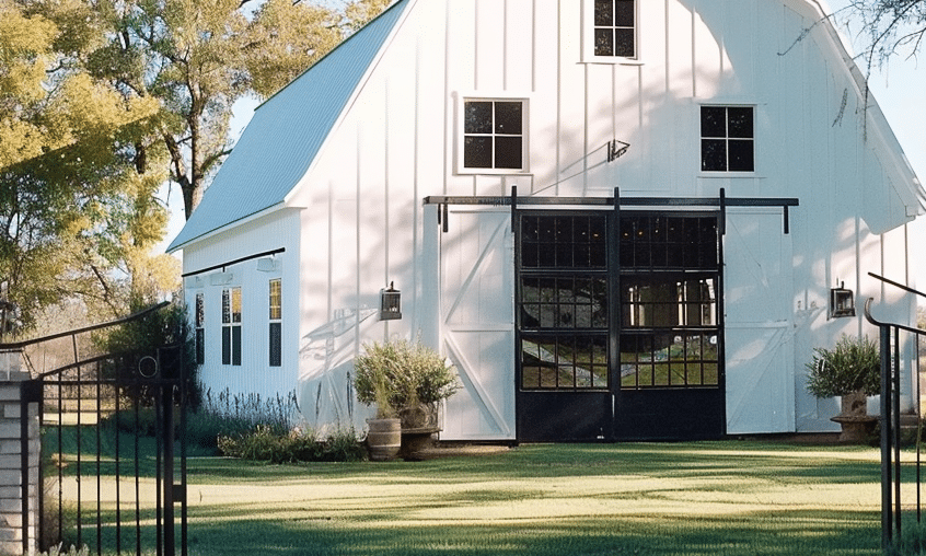 Barndominium home with an iron gate, nestled amidst serene green countryside landscape.