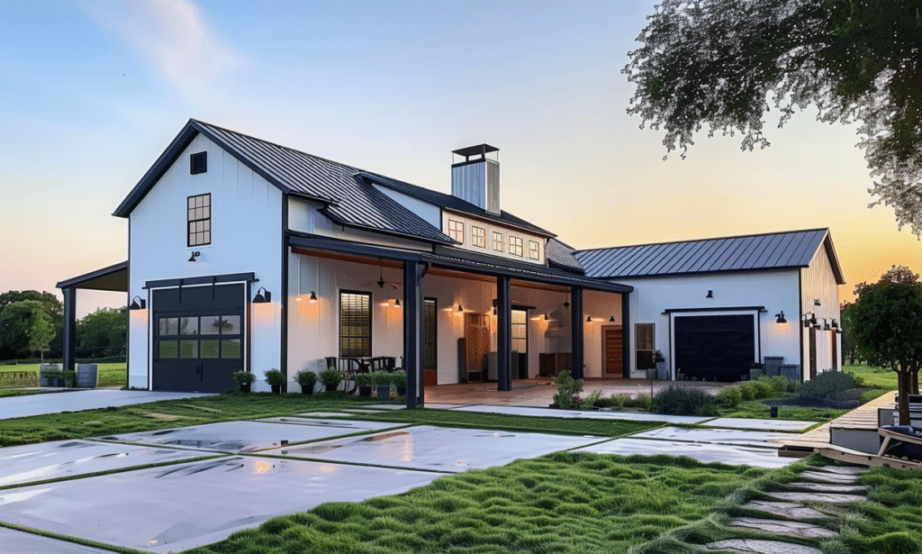 Modern barndominium featuring a horse stable, garage, and a large patio area