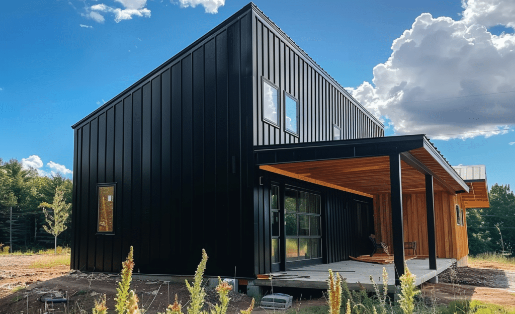 Modern Barndominium house with striking black metal panels and warm wooden siding detail.