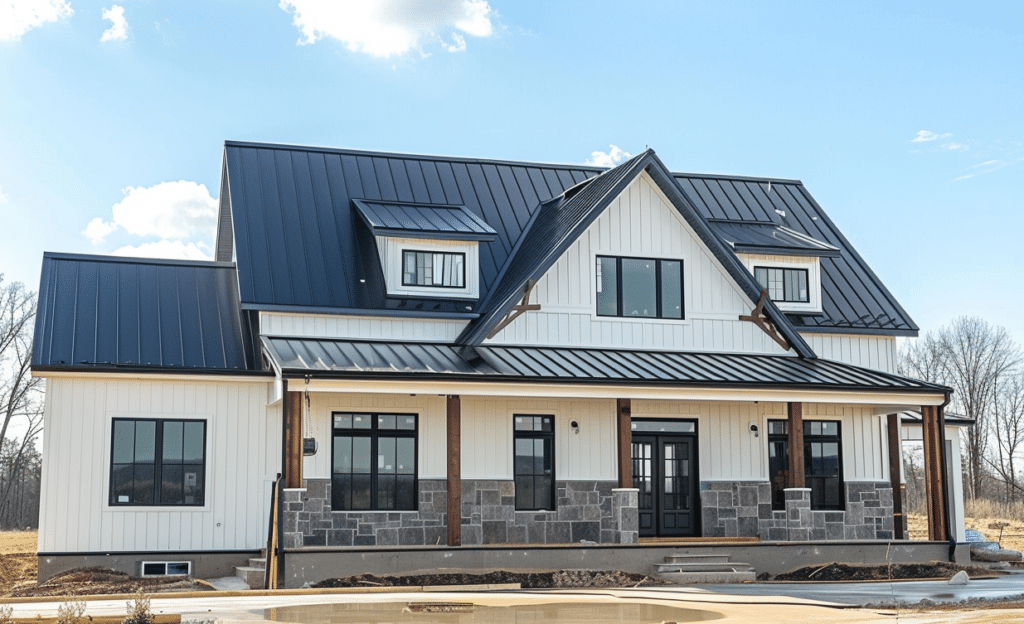 Spacious barndominium with a sleek black metal roof and matching siding in a serene rural environment.