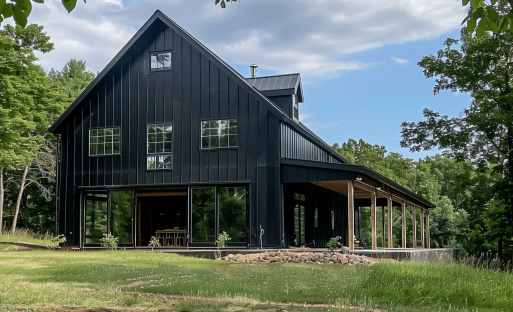 Elegant black barndominium nestled in a scenic green field surrounded by lush trees.