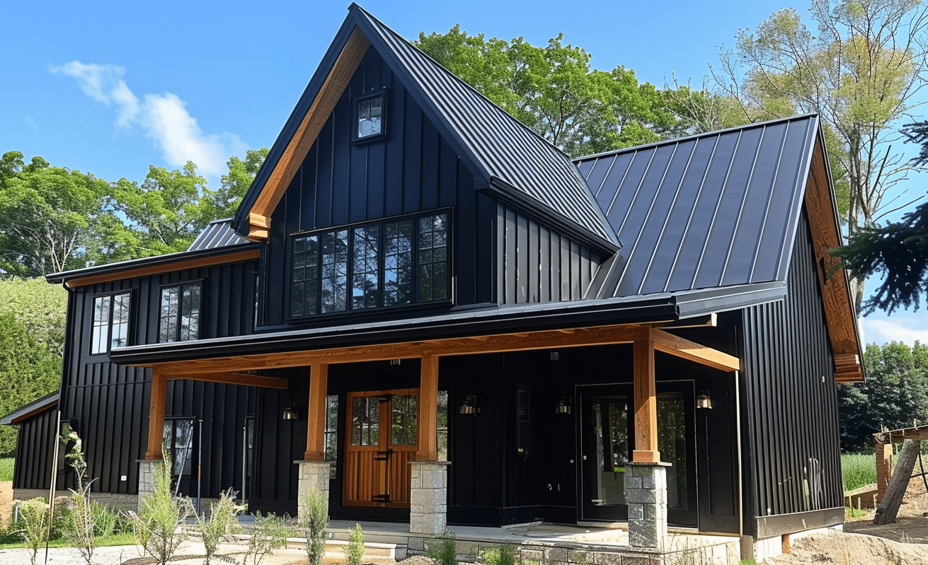 Elegant black barndominium featuring wooden trim and a chic roof design.