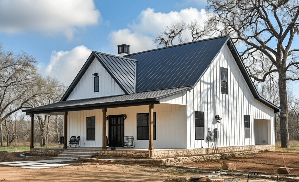 Black and white styled barndominium nestled in a secluded dirt lot, offering rustic solitude.