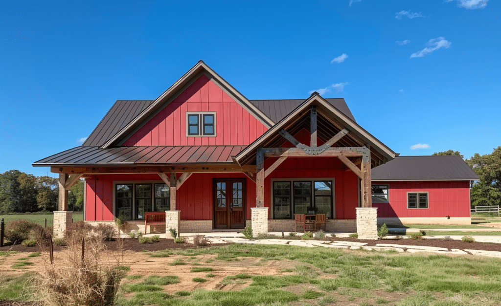 Exterior view of a luxurious rustic barndominium in Ohio, converted from an old barn.