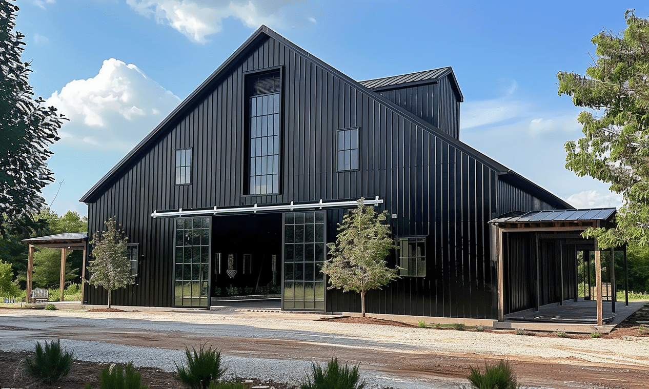 Rustic barndominium with black metal exterior in a rural dirt lot area.