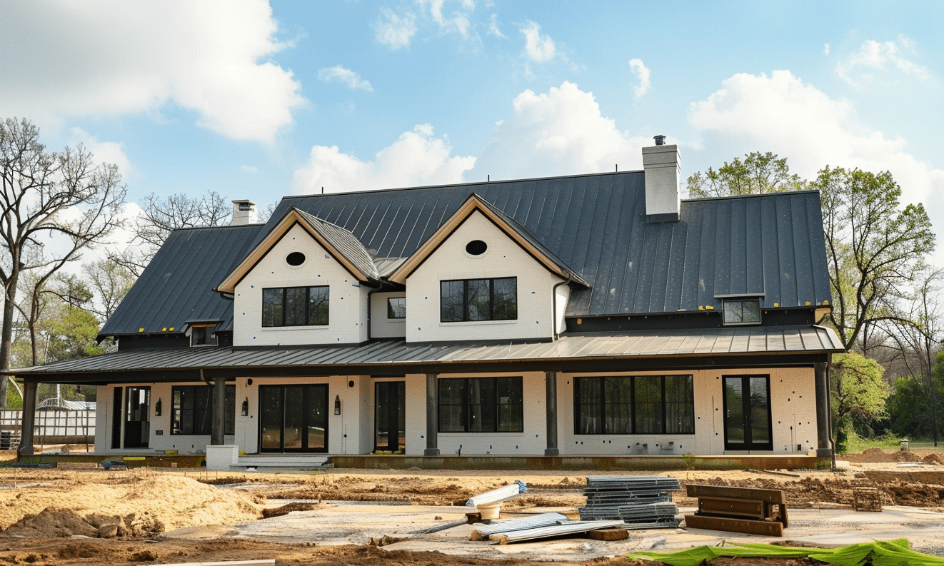 Modern and sleek barndominium design amidst an active construction site.