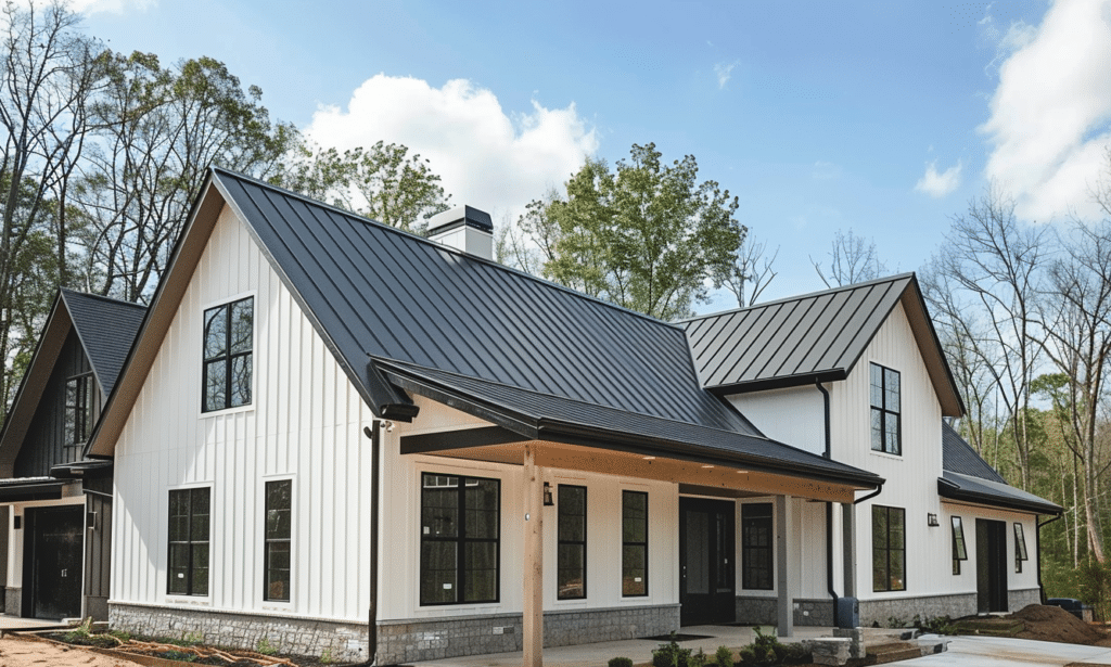 Beautiful barndominium with a striking white and black exterior design