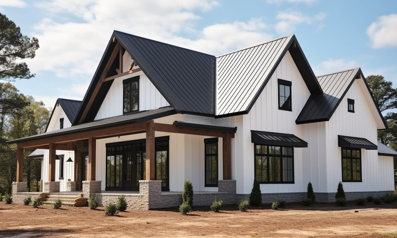 White Stucco Ranch Barndominium With Attractive Brick Trim.